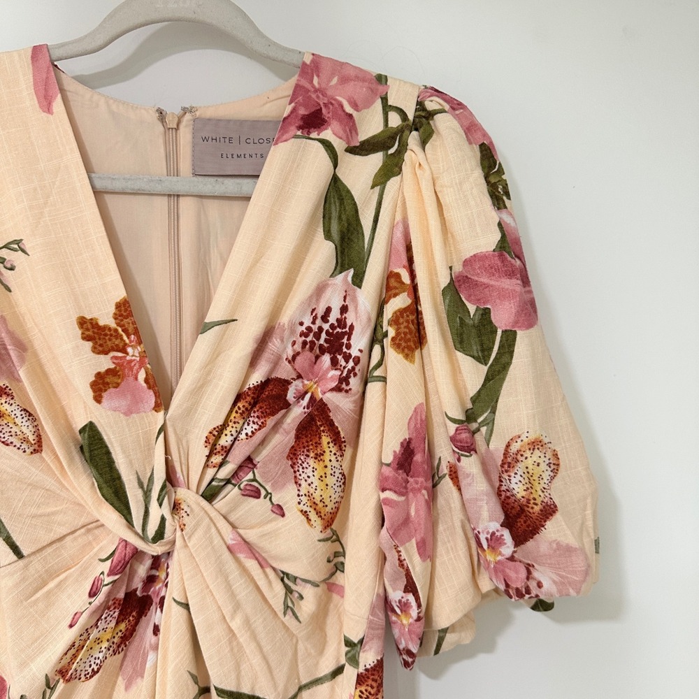 White Closet Elements Floral Linen Blend Twist Front Puff Sleeve Dress Womens S